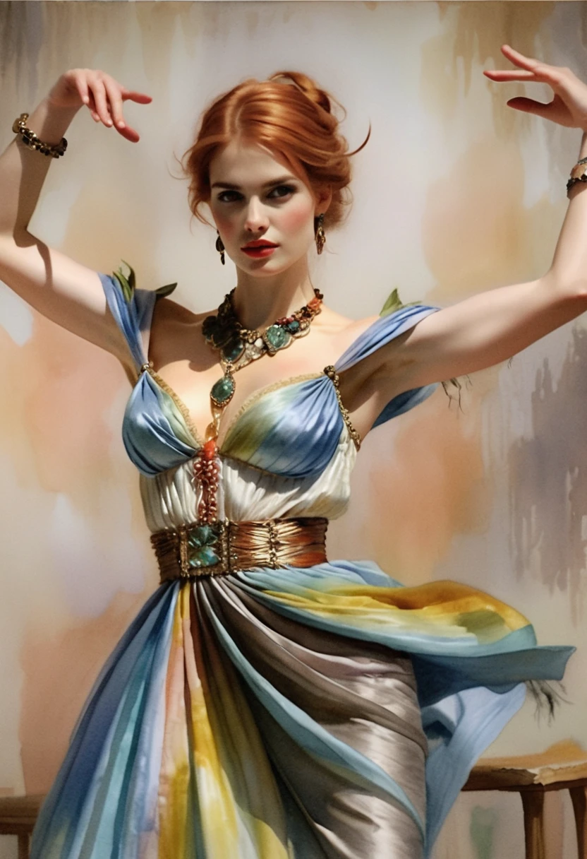 Dreamy red haired woman seated in a pastel dress