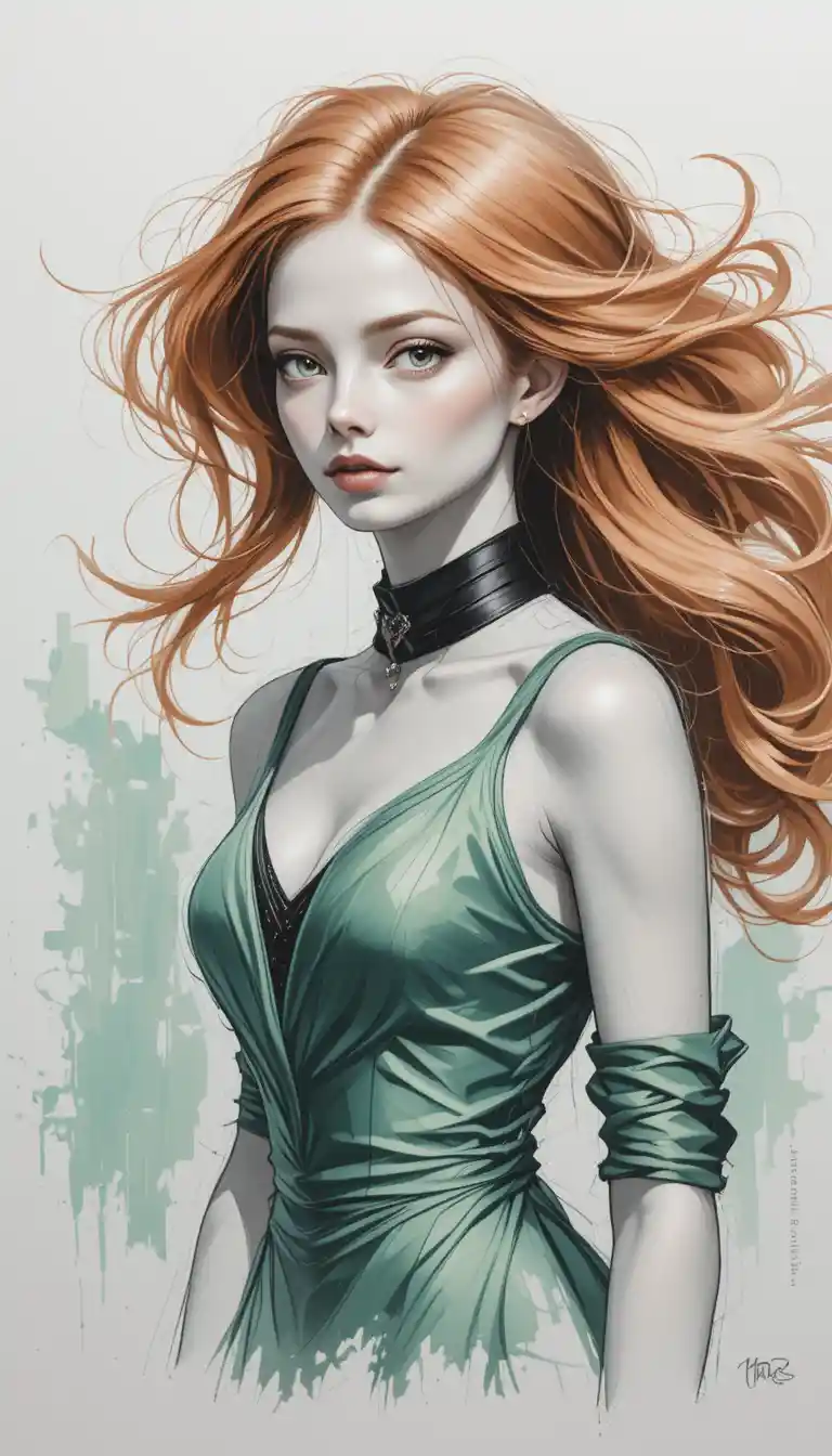 Red haired woman in elegant green evening dress portrait