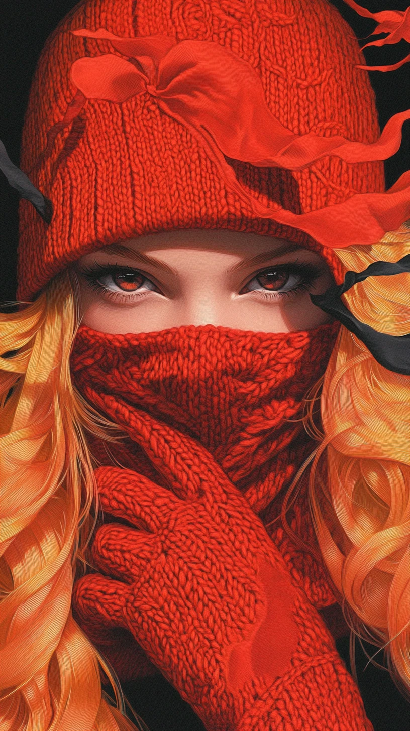 Surreal red haired woman in blindfolded balaclava portrait
