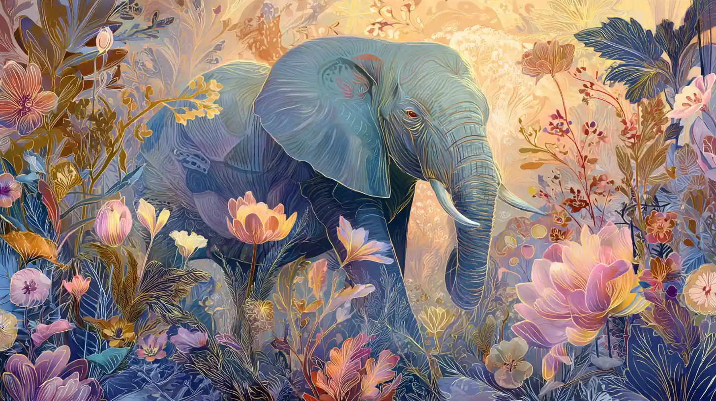Elefante surreale in una savana rigogliosa e colorata