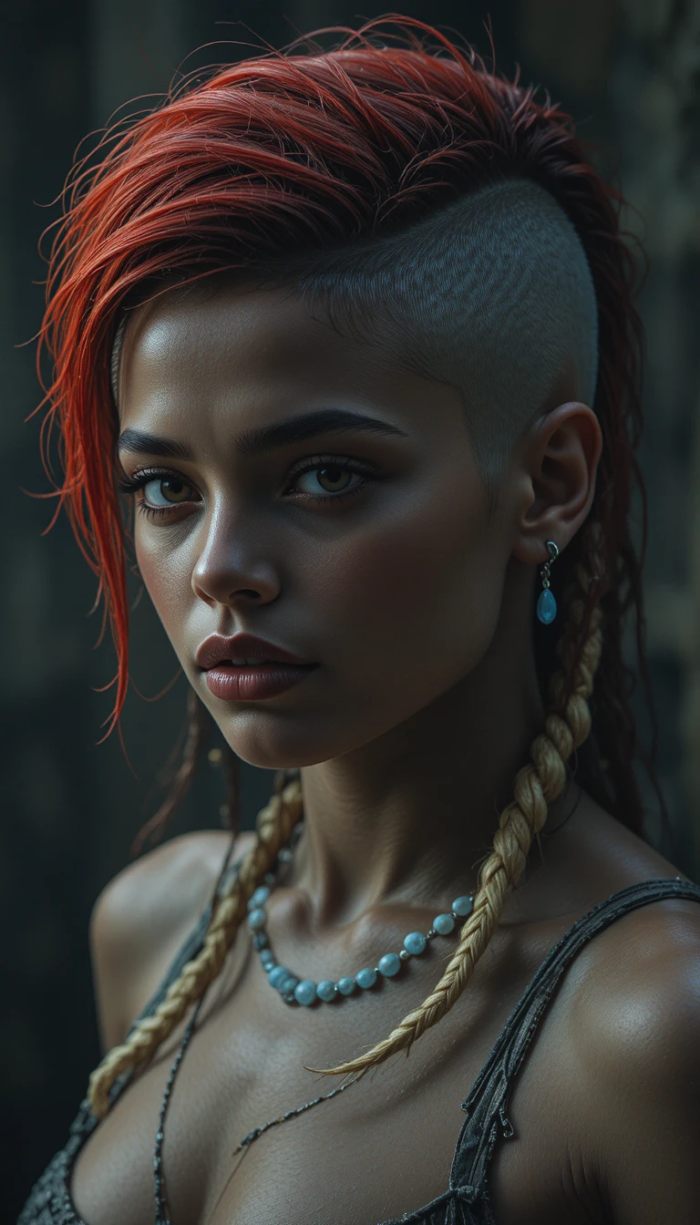 Mulher de estilo punk com cabelo ruivo curto e laterais raspadas