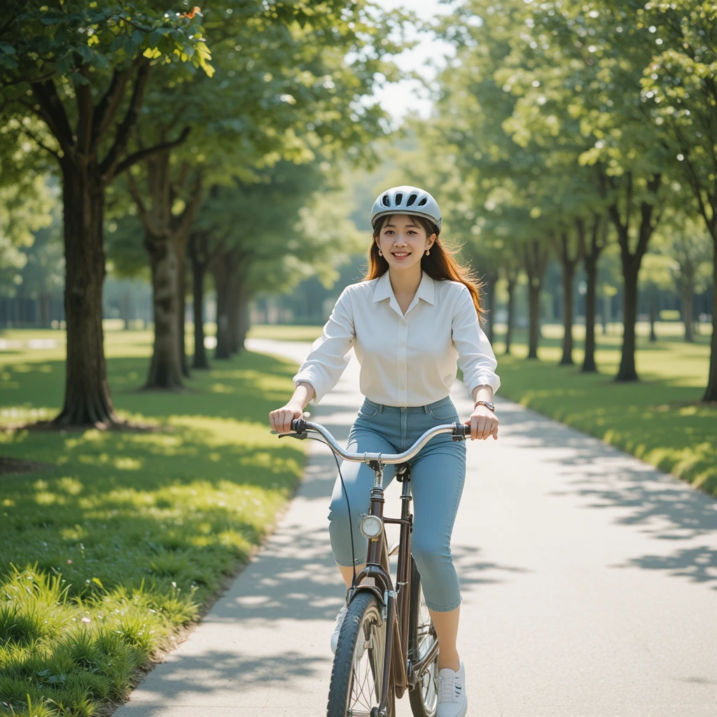 Korean young woman cycling along a sunny park path