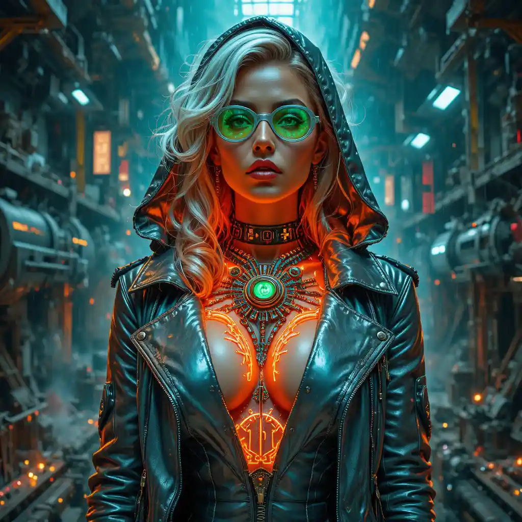 Femme fatale cyberpunk en primer plano con motor maglev de neón