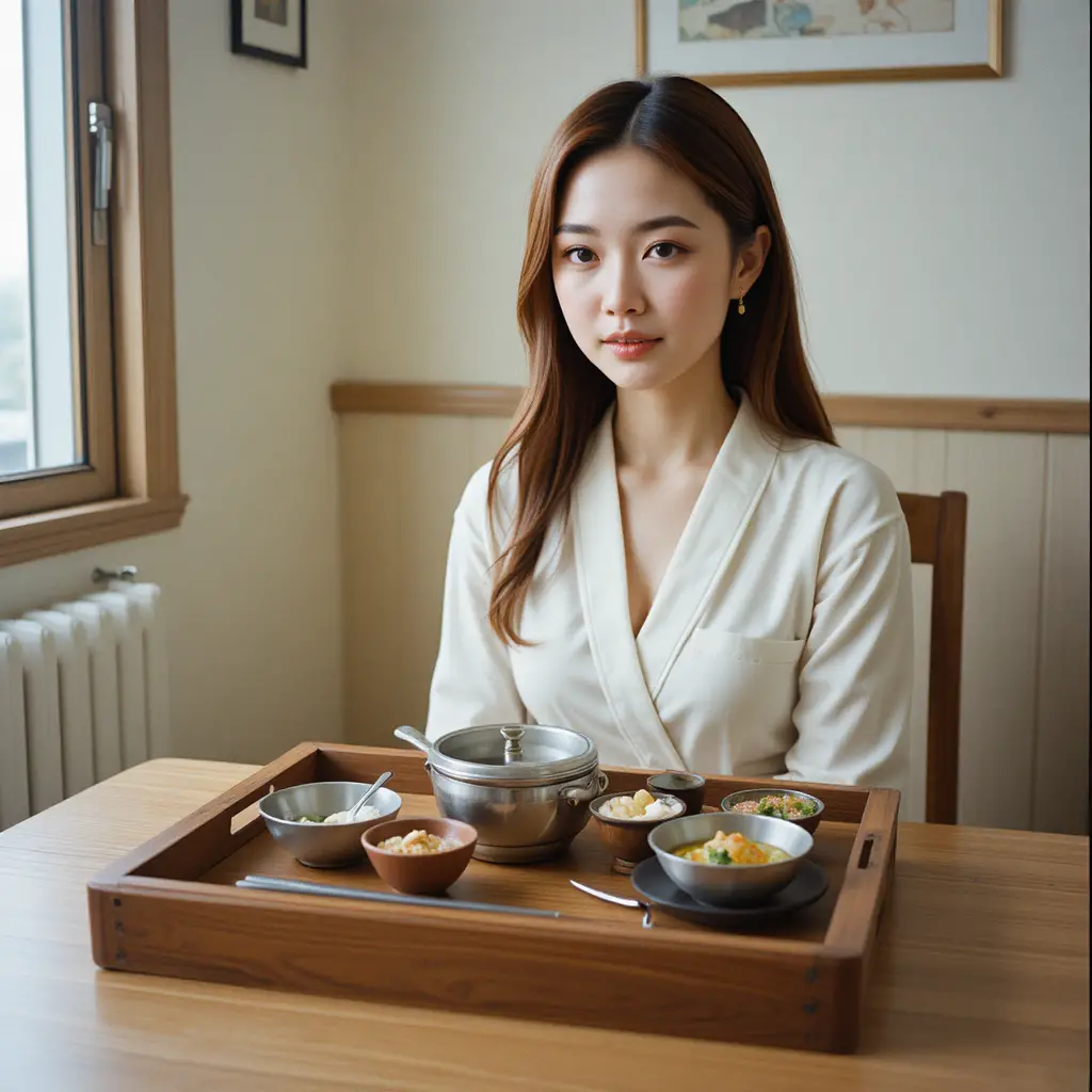 早餐餐桌旁的年輕韓國女子膠片快照
