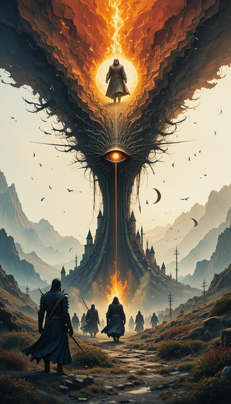 Grafische Illustration eines dunklen Lords über einem vulkanischen Schlachtfeld