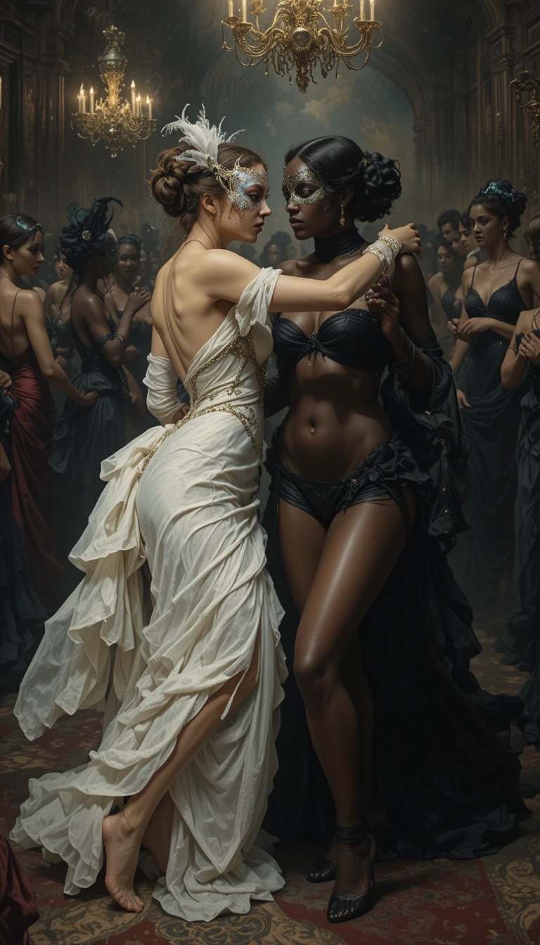 Two women dancing in bikinis at a masquerade ball