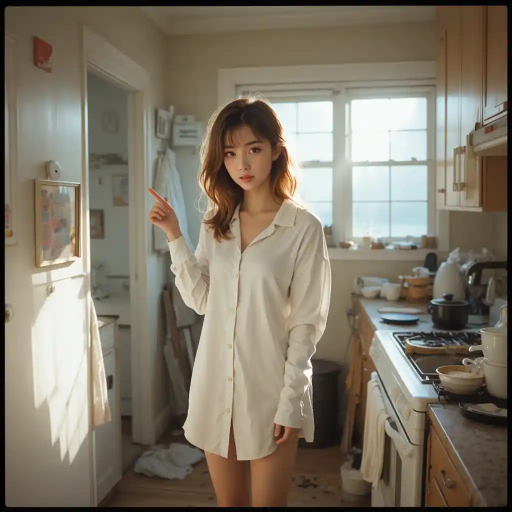 Sleepy young woman in oversized shirt in a small kitchen