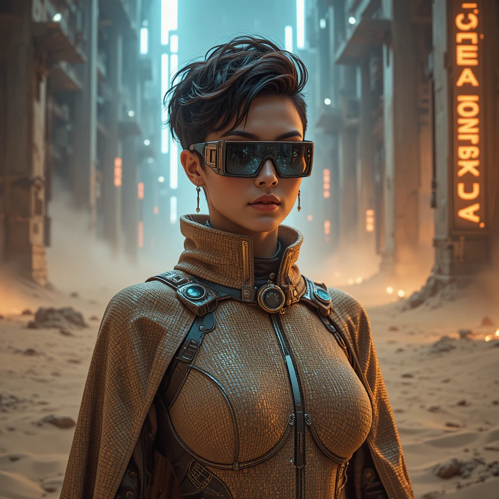 Cinematic portrait of a cyber archivist in desert megastructure