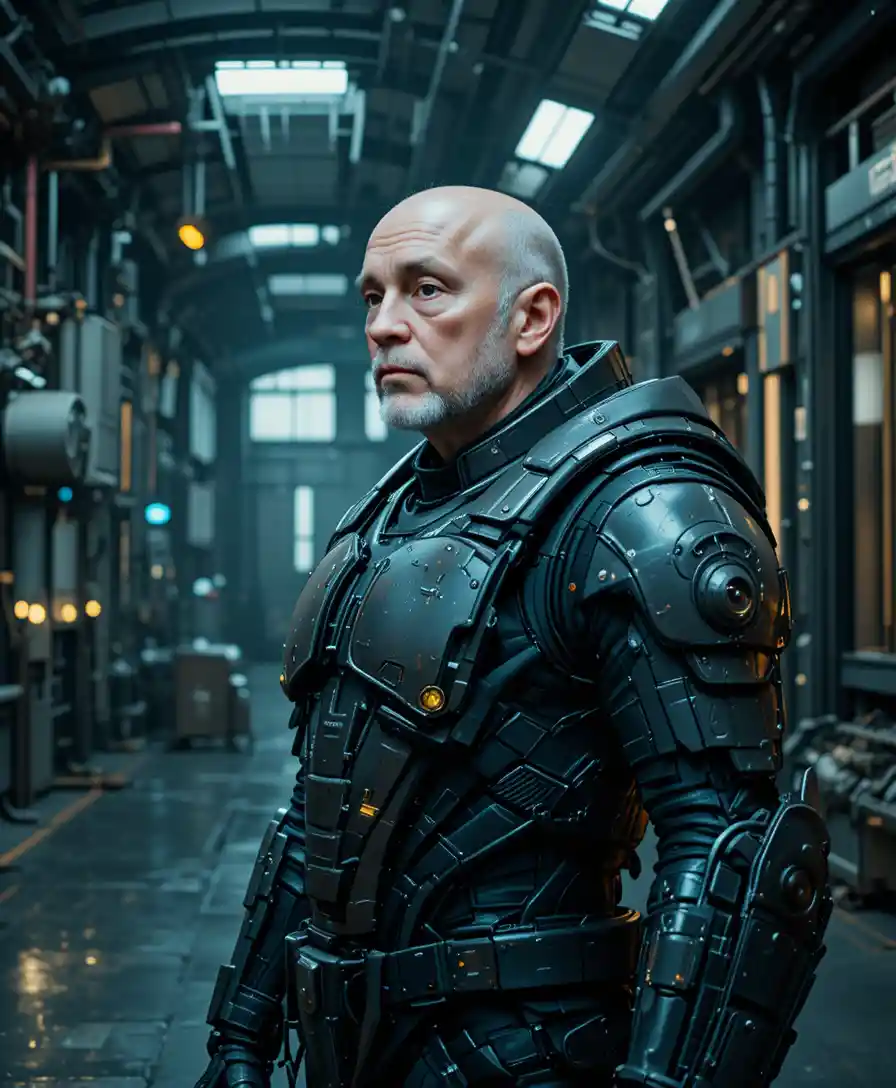 Armored soldier in a futuristic industrial facility side view