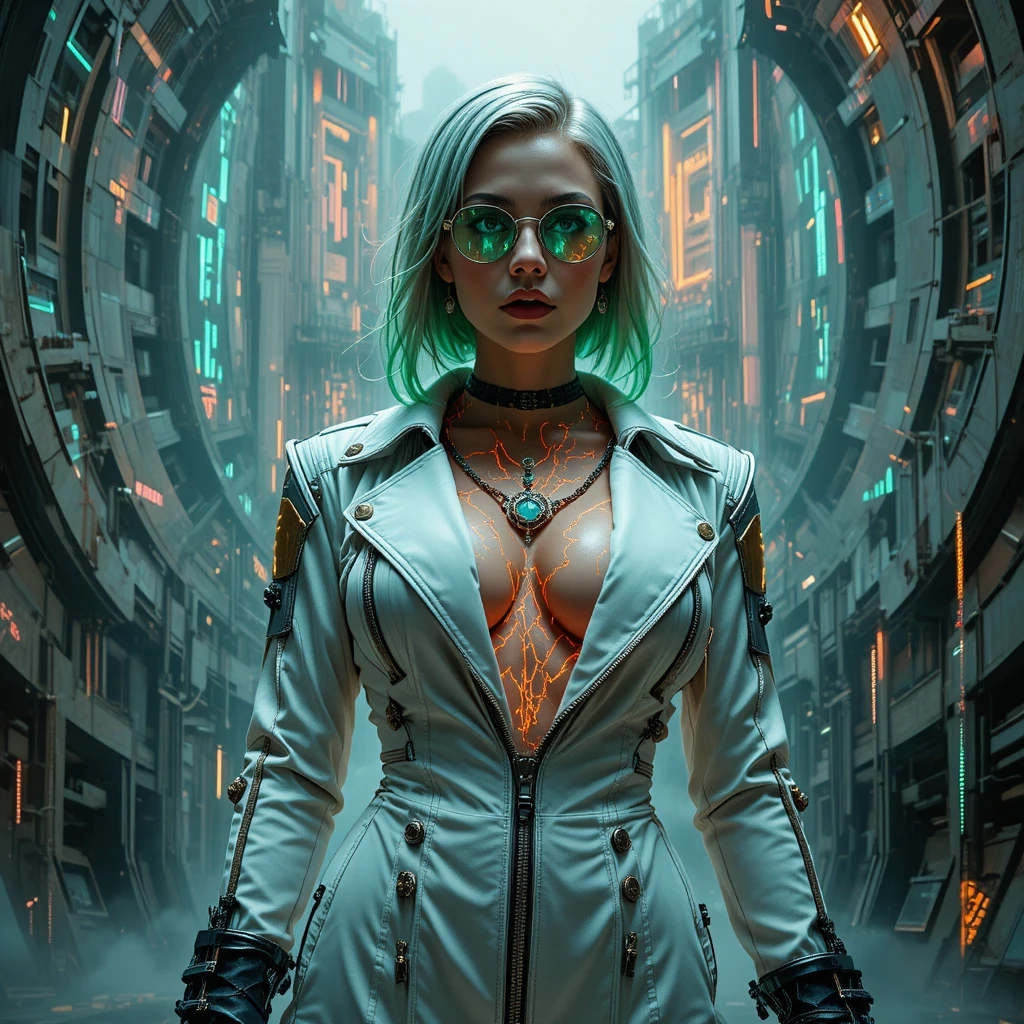 Cyberpunk femme fatale in a megadam turbine cathedral