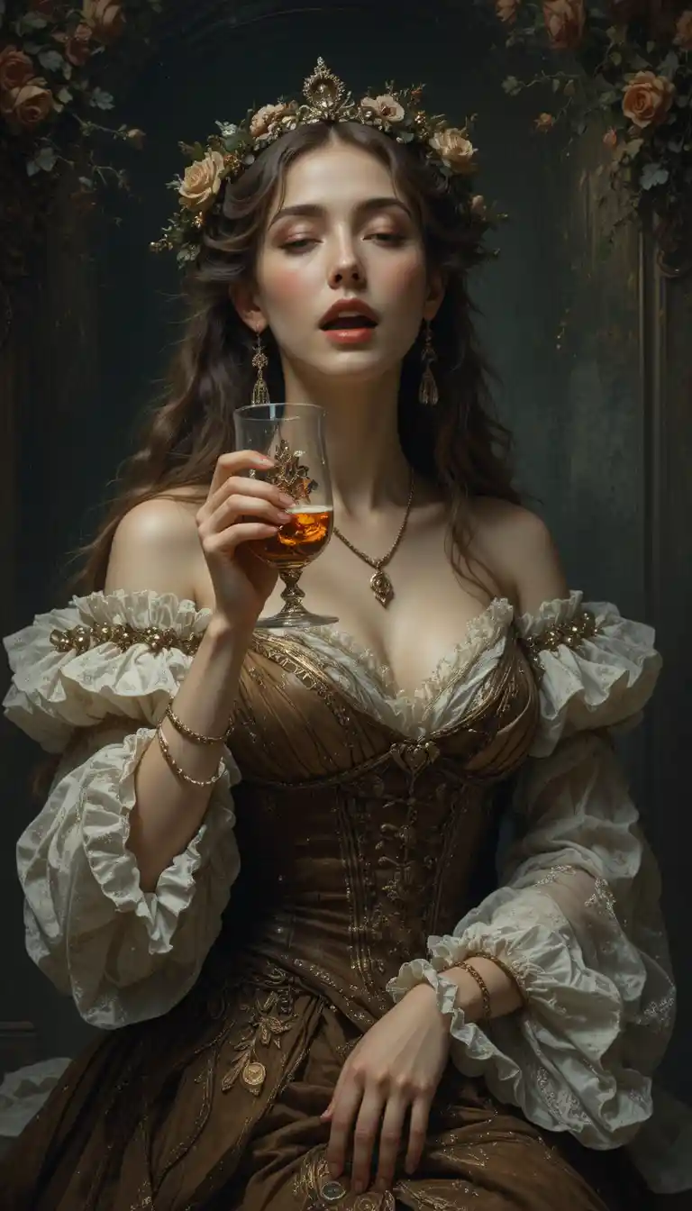 Young woman in baroque costume with intense chiaroscuro lighting
