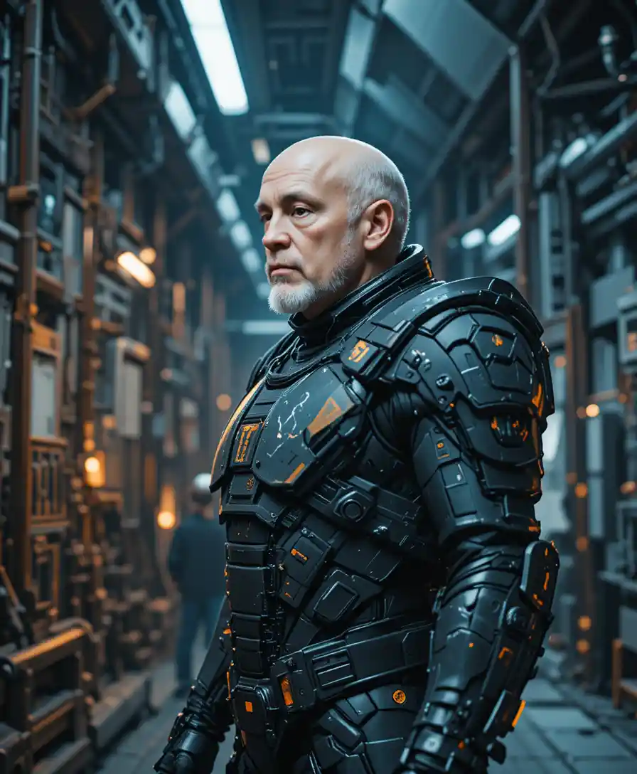 Armored sci fi soldier in a futuristic industrial facility