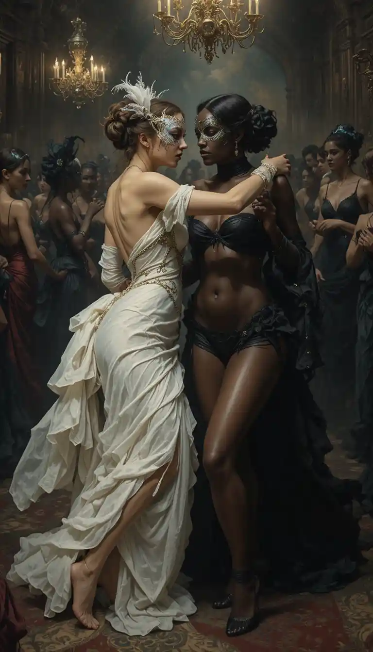 Two women dancing in bikinis at a masquerade ball