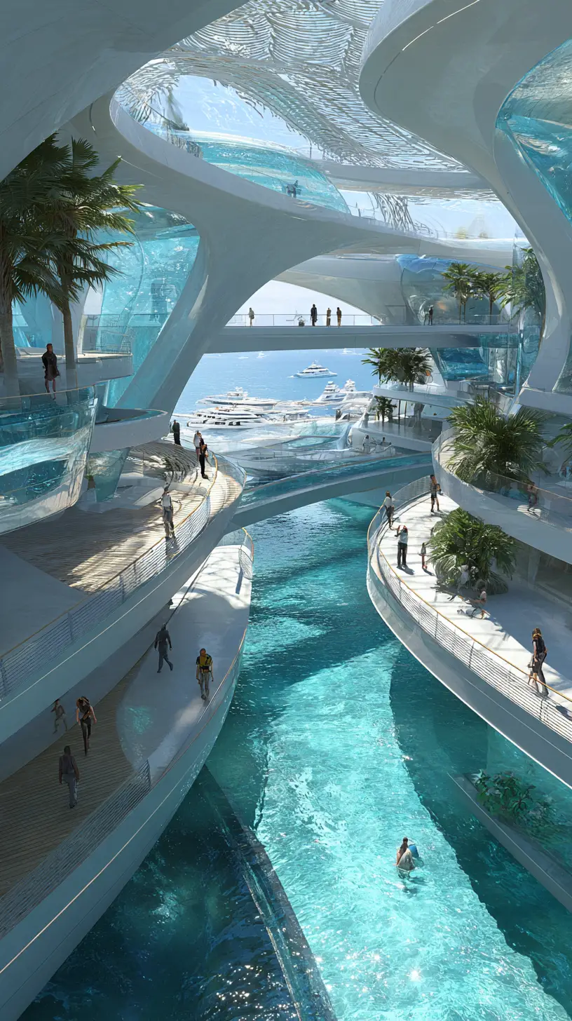 Futuristic coastal cultural center with glass canals and terraces