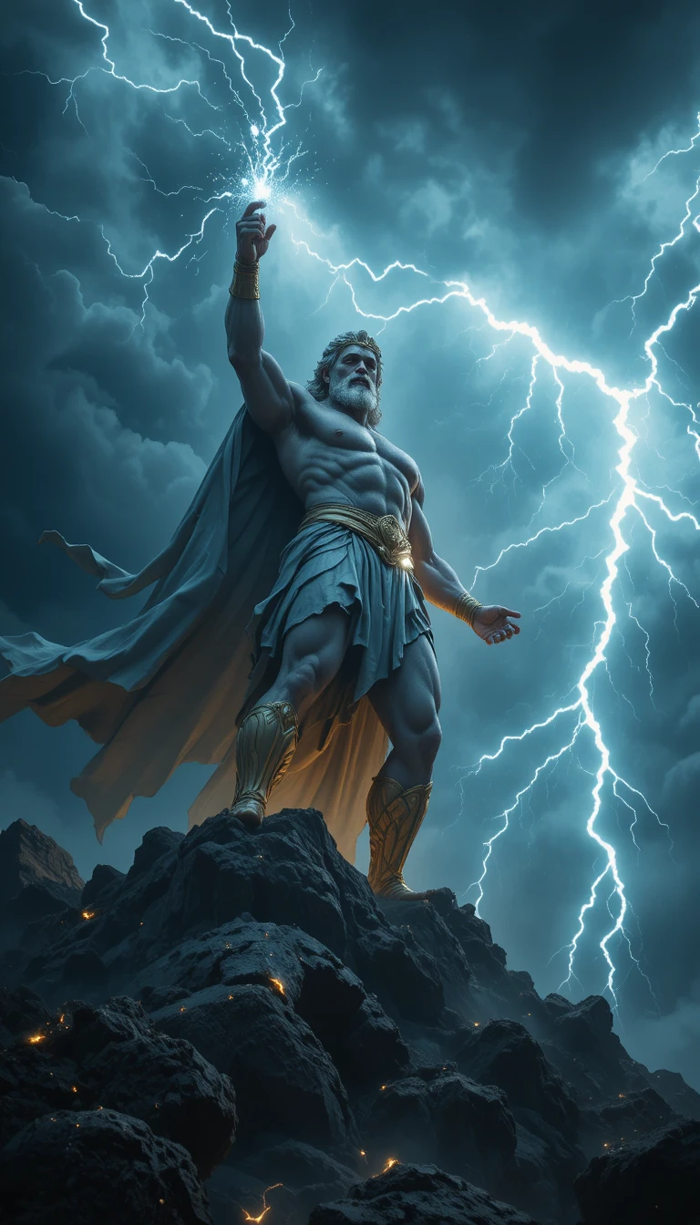 Mythic storm god commanding lightning on a dark mountain