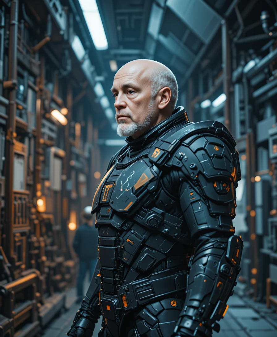 Soldado de ciencia ficción blindado en una instalación industrial futurista