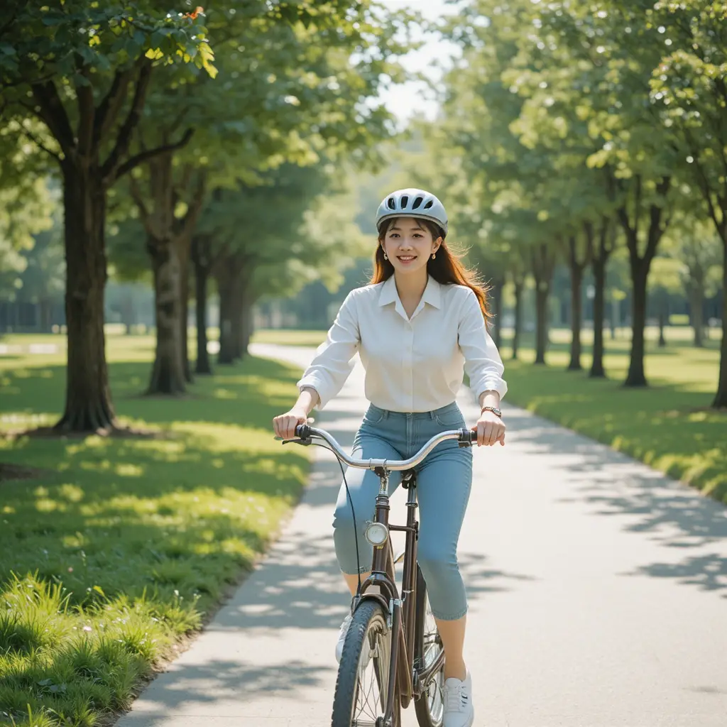 Korean young woman cycling along a sunny park path