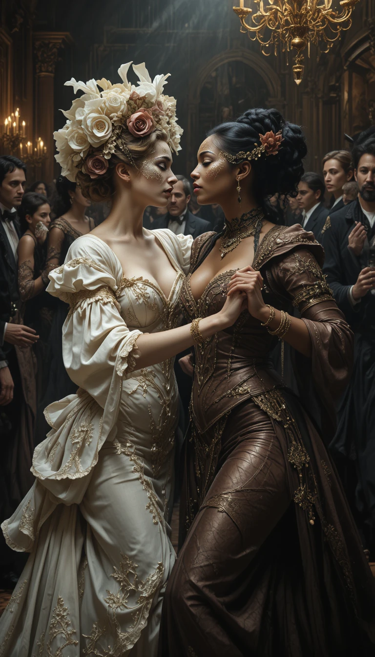 Two masked women dancing together at a somber masquerade ball