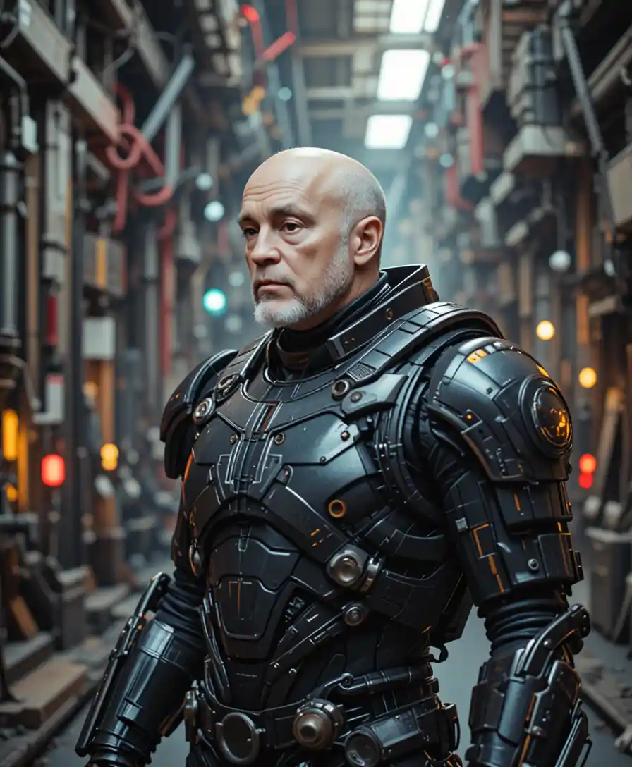 Armored soldier in futuristic industrial facility side profile