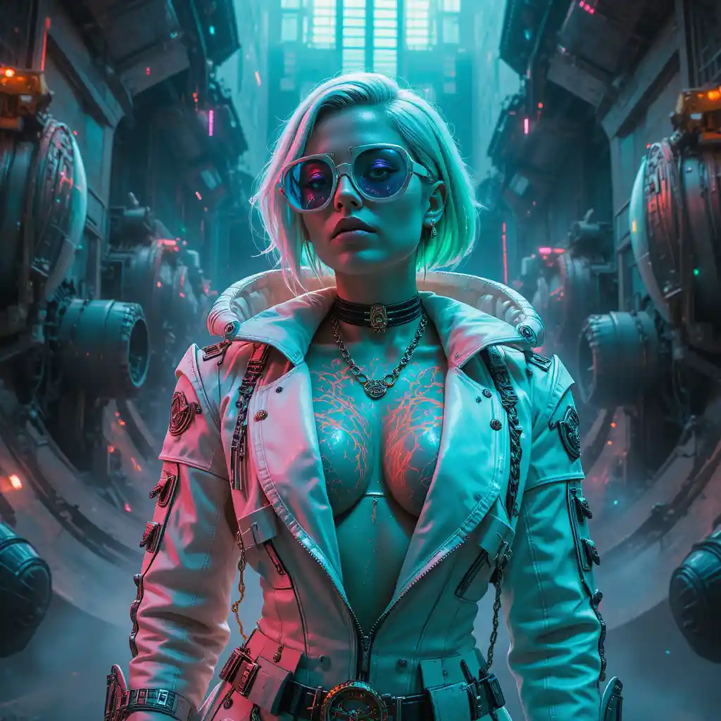 Cyberpunk femme fatale in neon turbine chamber close up