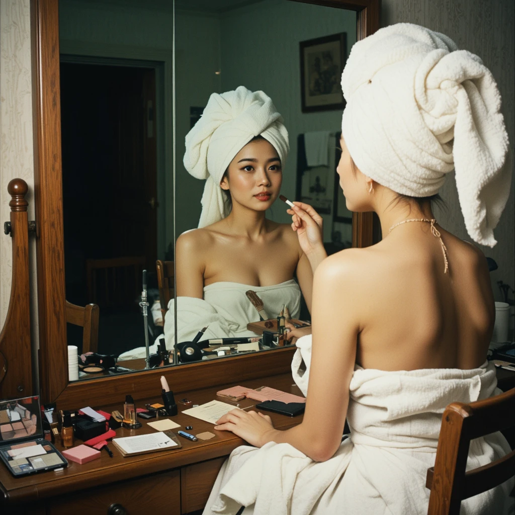 Korean girl in towel doing morning makeup at vanity