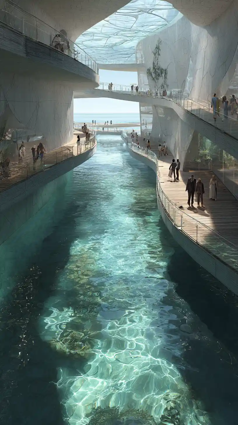 Centro culturale futuristico sulla costa con canali di vetro e terrazze
