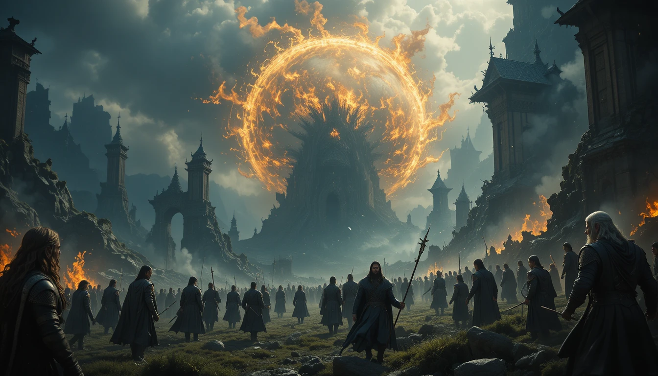 Fantasy warrior on a dark battlefield in Mordor war scene