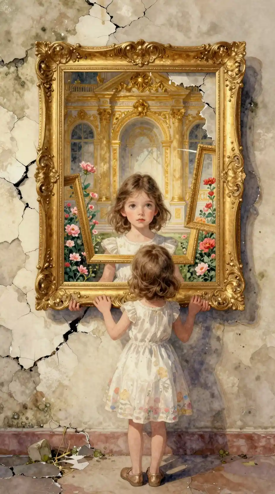 Watercolor girl before a crumbling wall of decay and gold frames