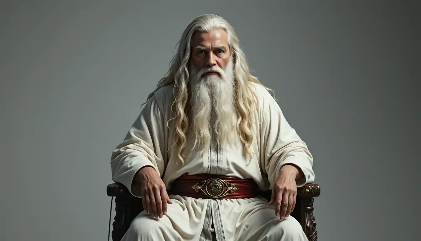 White robed wizard with third eye in dramatic portrait