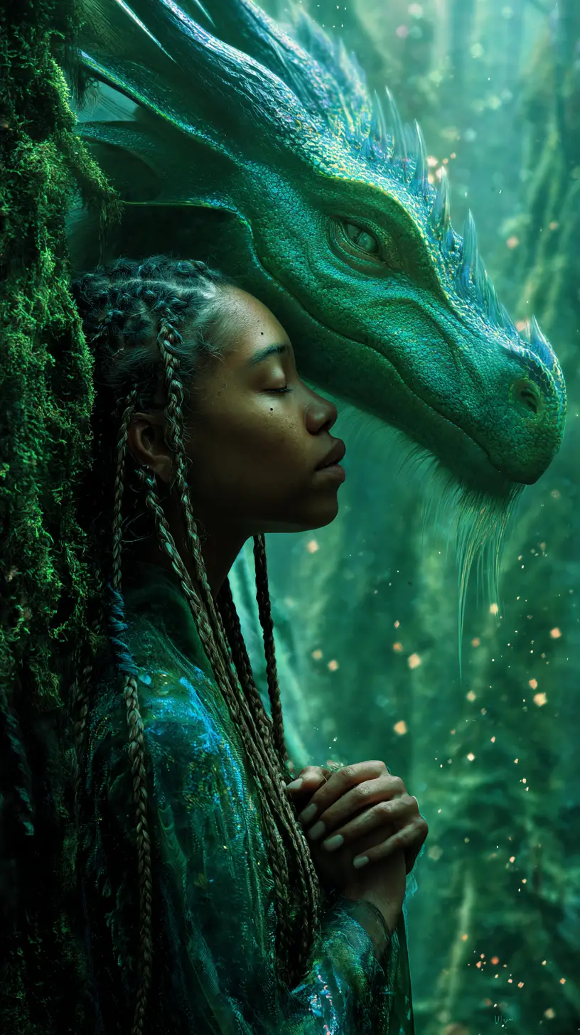 Mujer serena con dragón en un antiguo bosque bañado por el sol