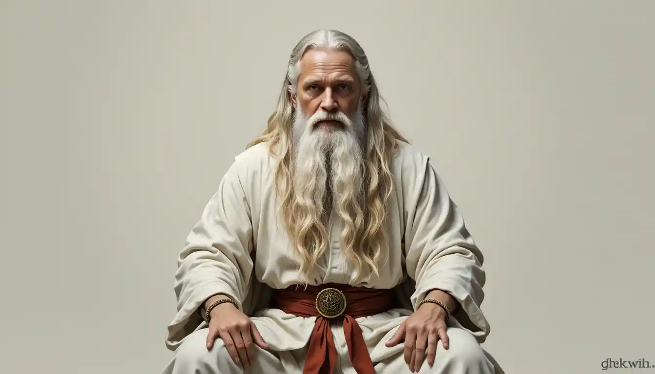 Solemn white robed wizard with third eye portrait