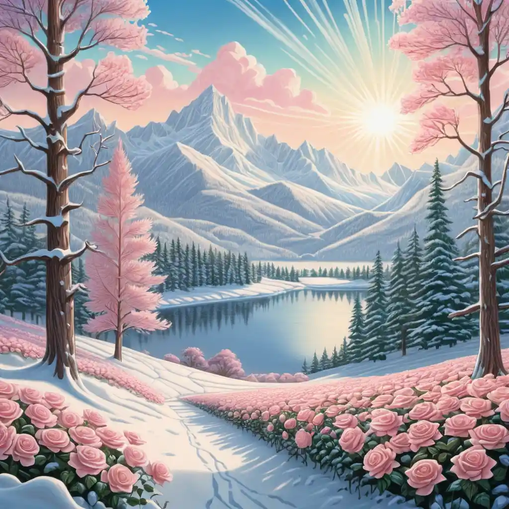 Snowy winter meadow with sunlit trees and distant mountains