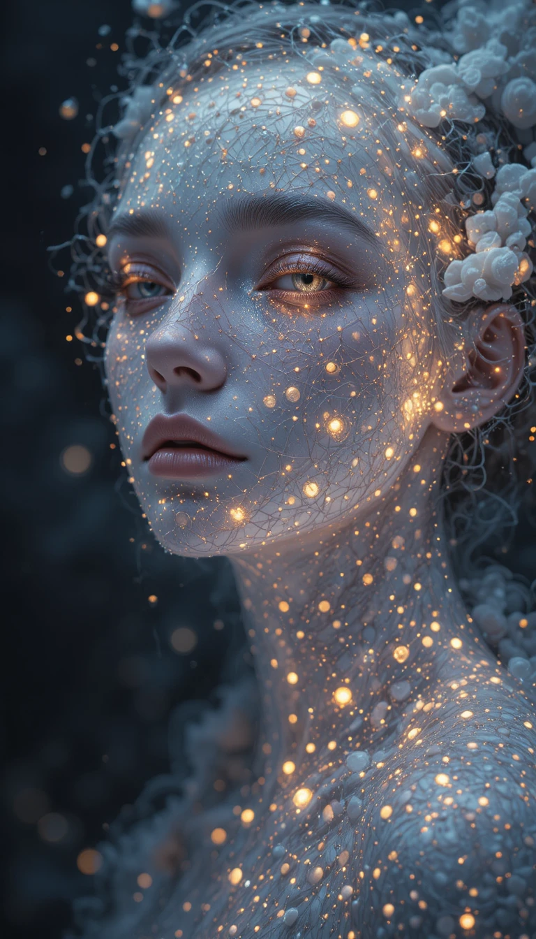 Otherworldly pointillist scene in delicate luminous dots