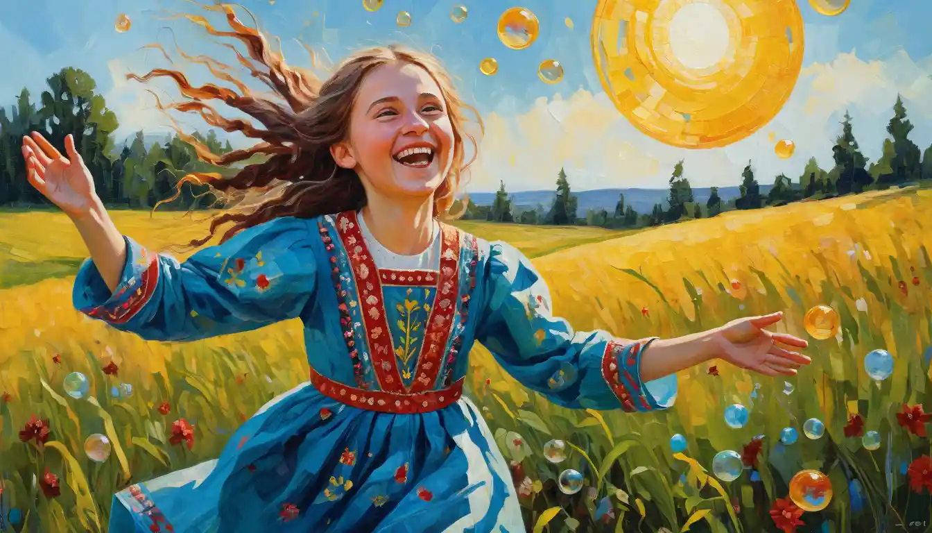 Laughing Slavic girl chasing bubbles in a sunny meadow