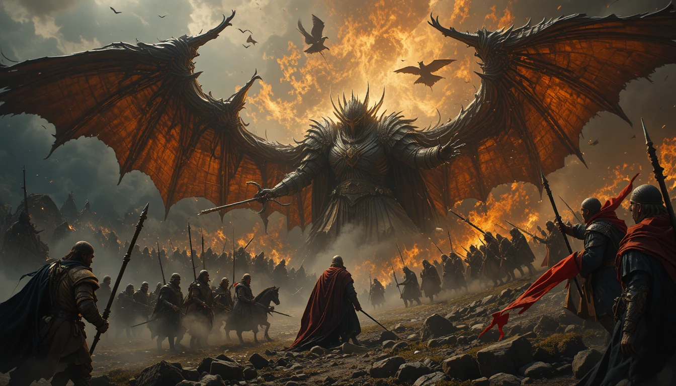 Epische Fantasy-Krieger prallen auf einem dunklen Mordor-Schlachtfeld aufeinander