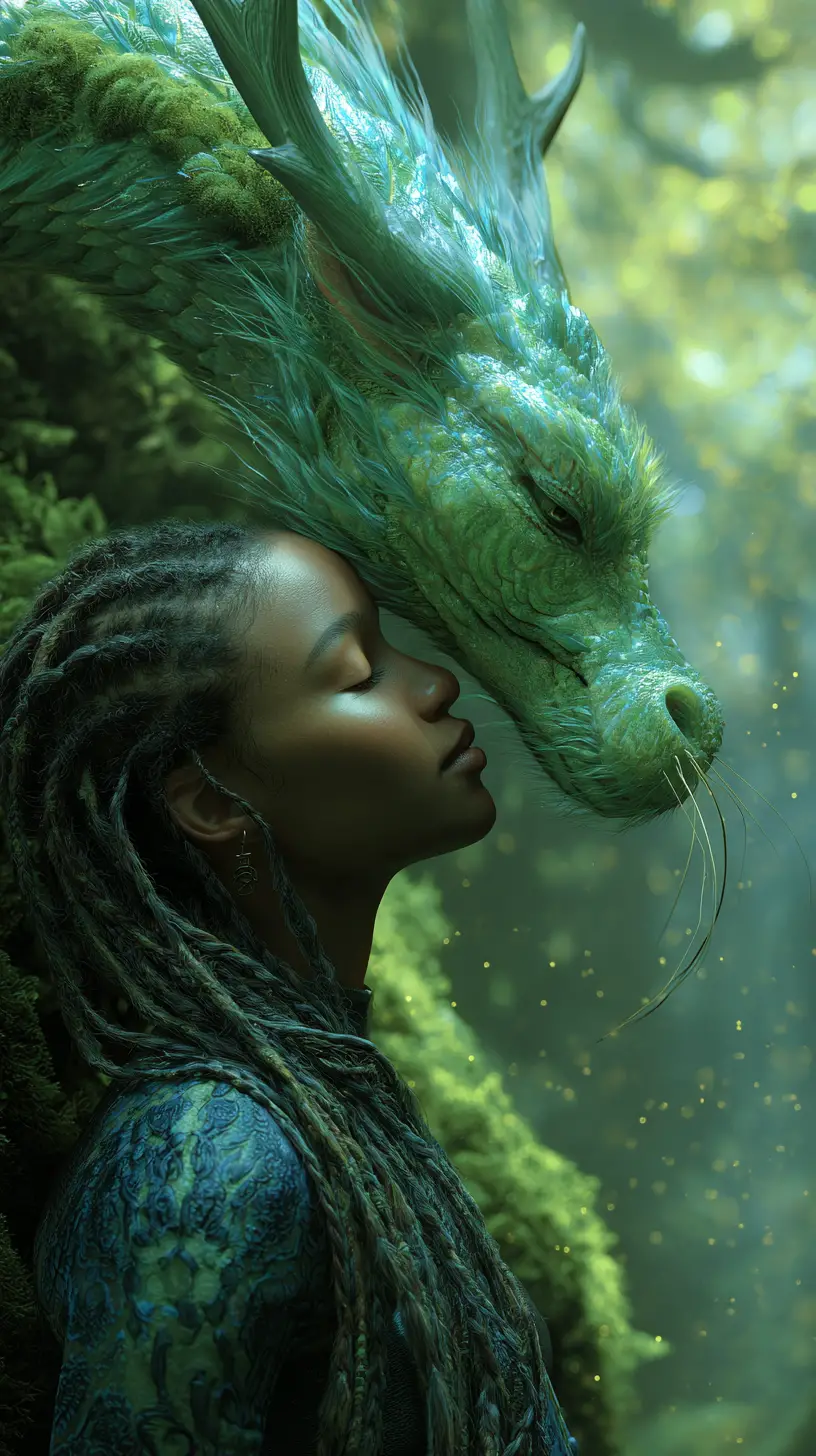 Mujer serena con dragón en un bosque antiguo bañado por el sol