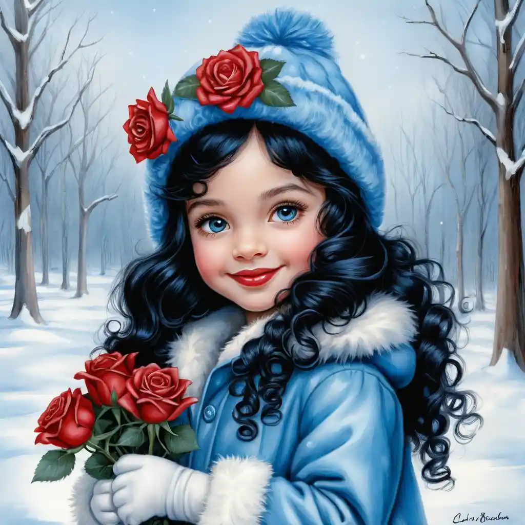 Smiling winter girl with roses in blue hat and fur coat