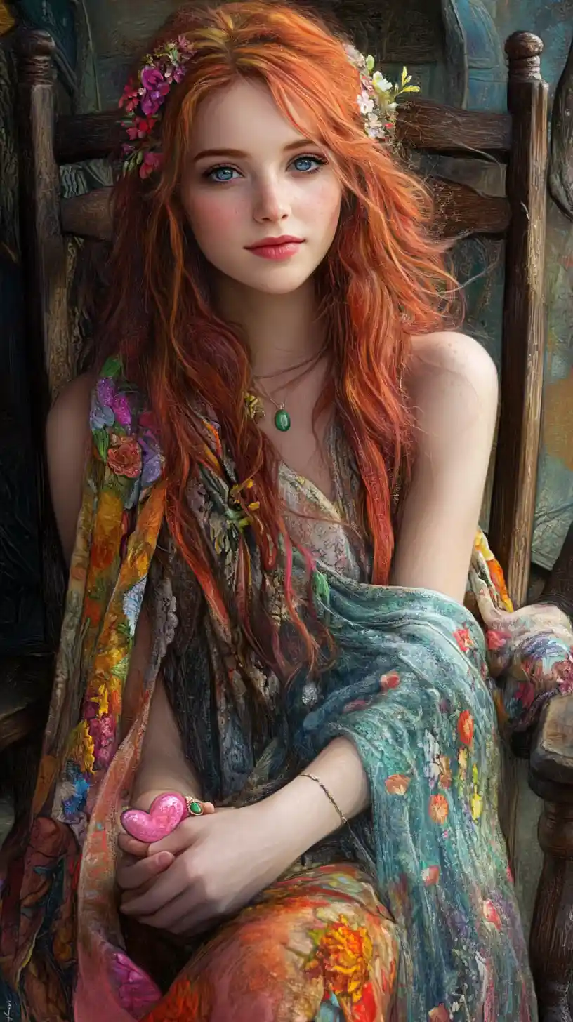 Smiling red haired woman with elf offering a heart gift