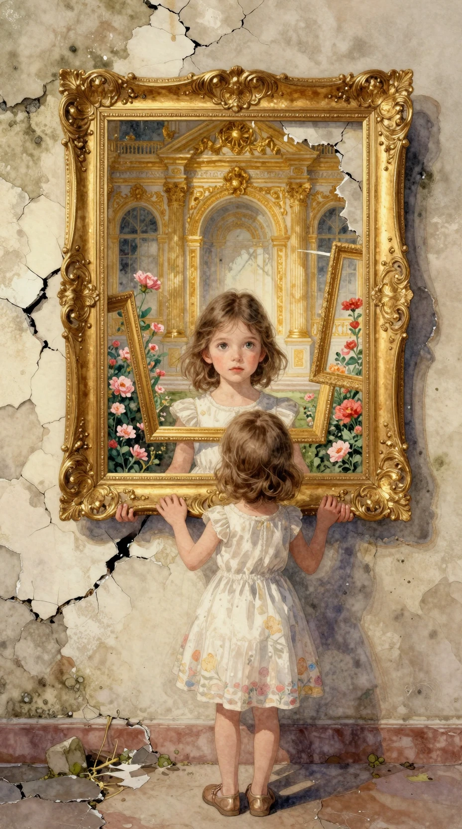 Watercolor girl before a crumbling wall of decay and gold frames