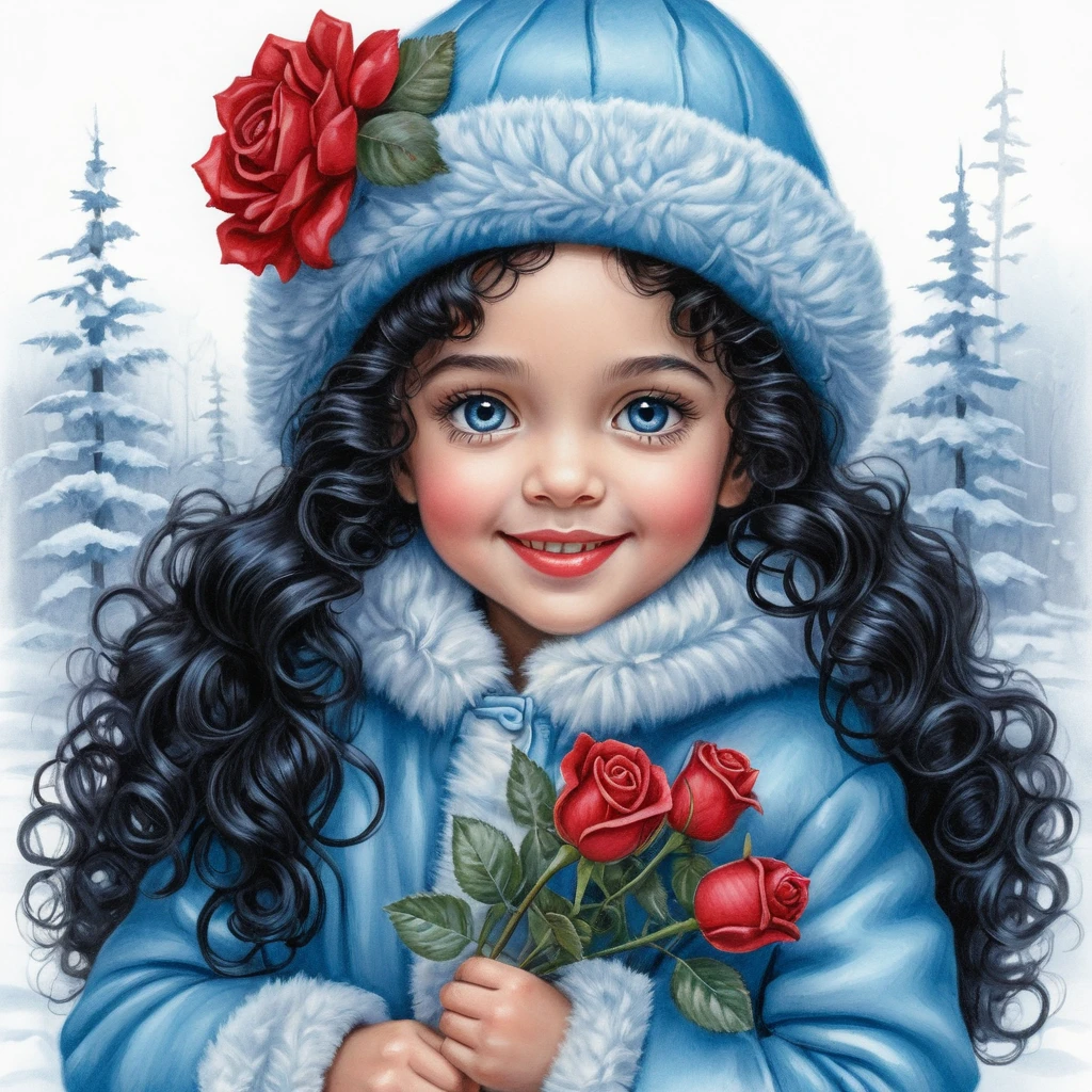 Niña sonriente de invierno con rosas, gorro azul y abrigo de piel