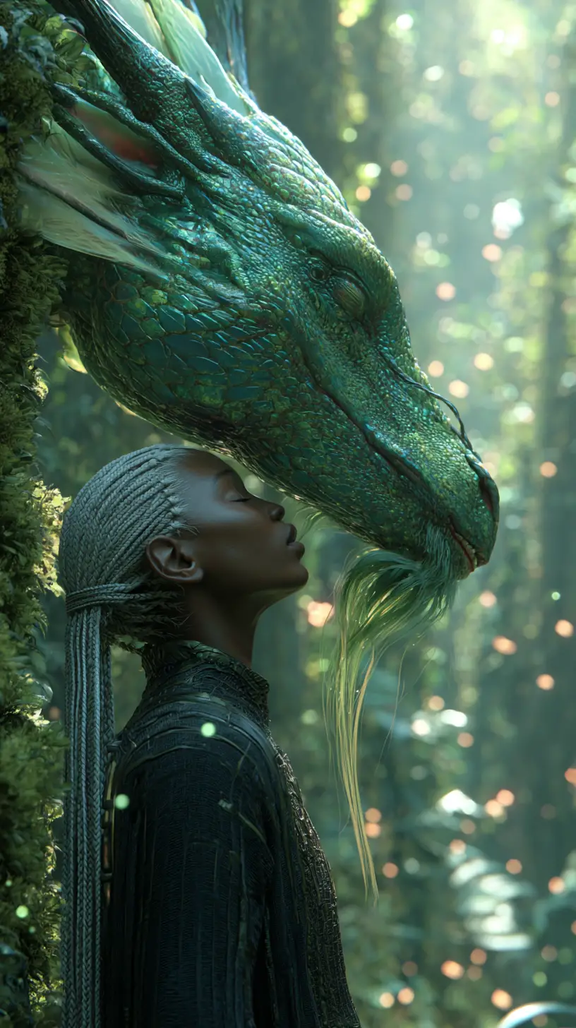 Mujer afrofuturista serena con dragón en un bosque bañado por el sol