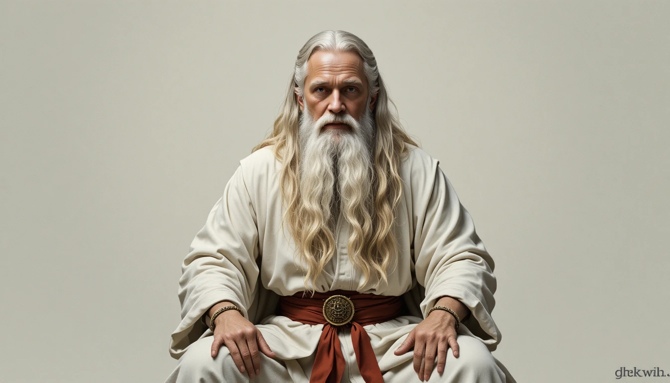 Solemn white robed wizard with third eye portrait