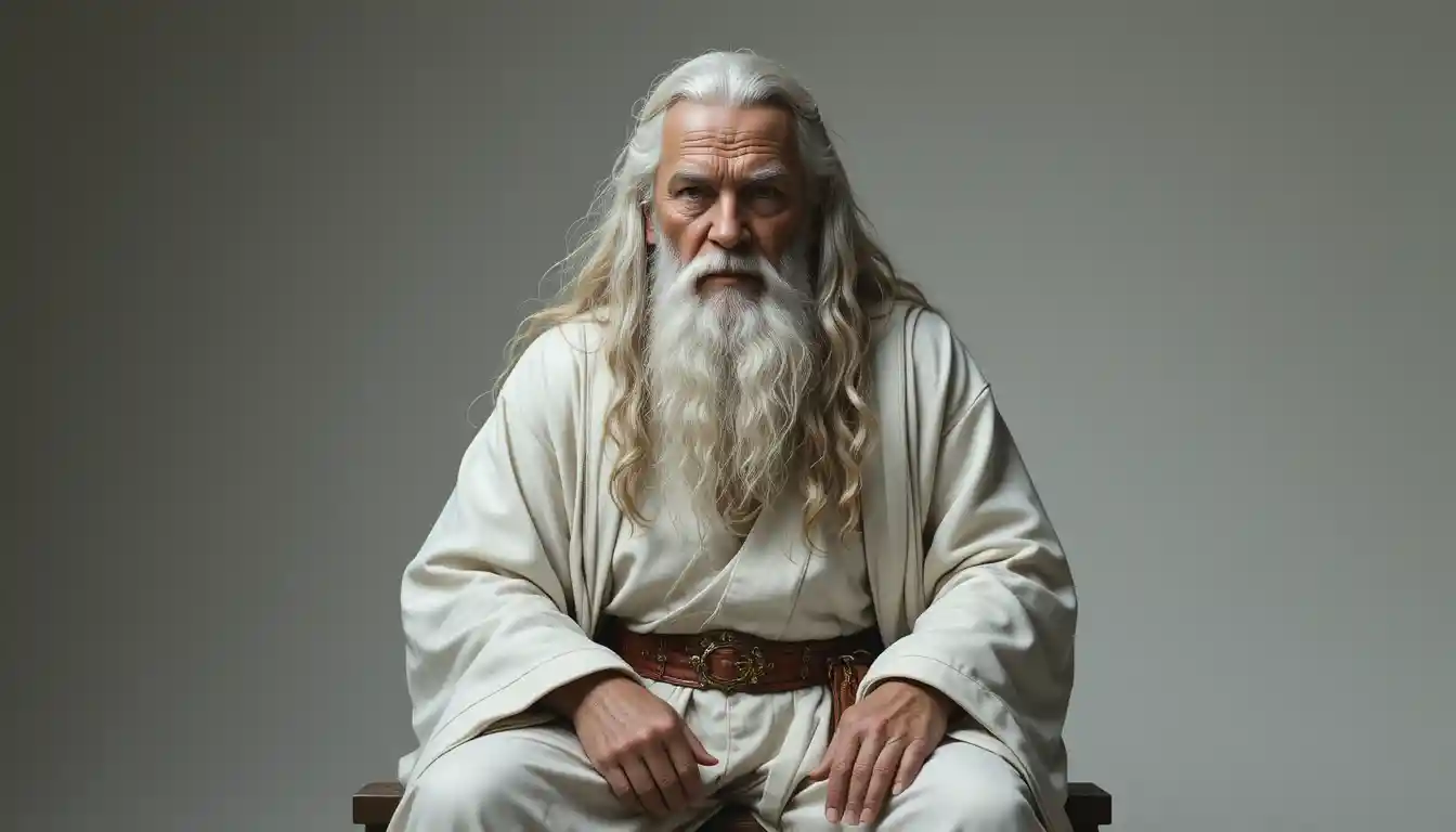 Solemn white robed wizard with third eye portrait