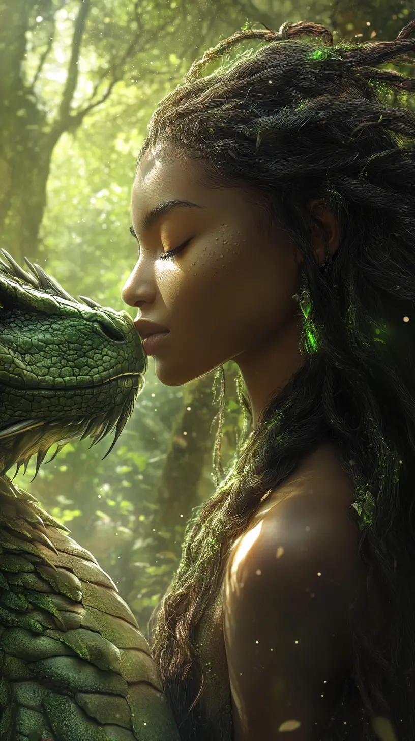 Mujer afrofuturista con dragón en un bosque antiguo bañado por el sol