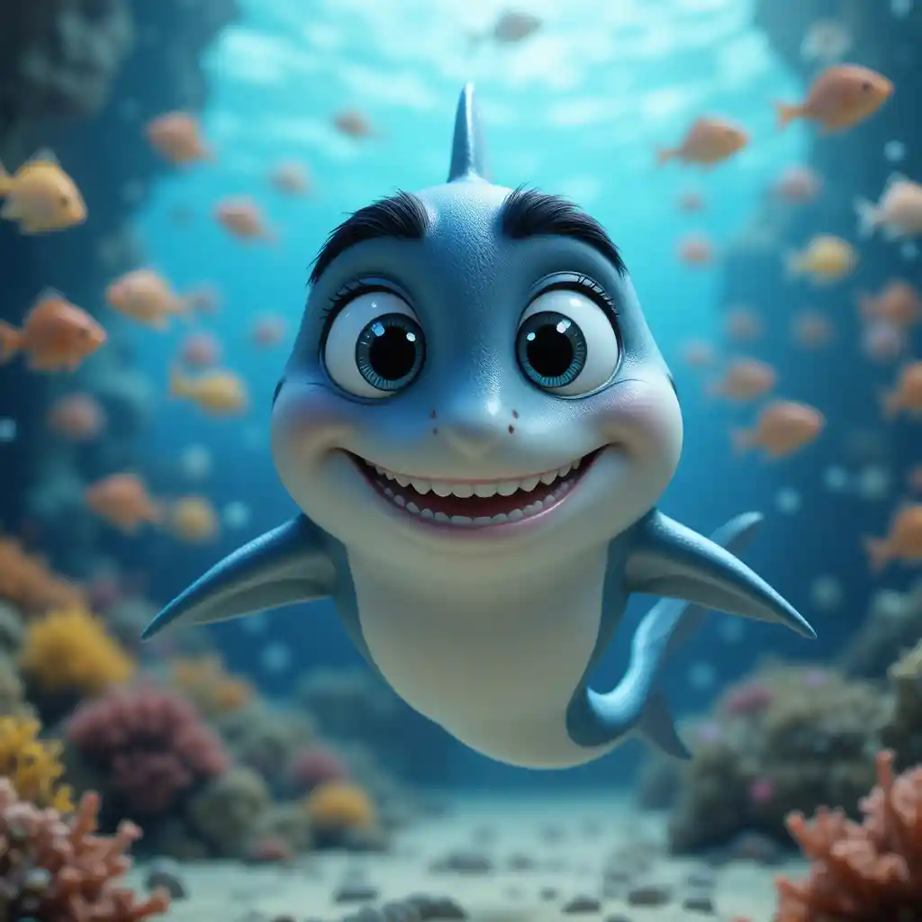 Playful 3D shark character with big expressive eyes