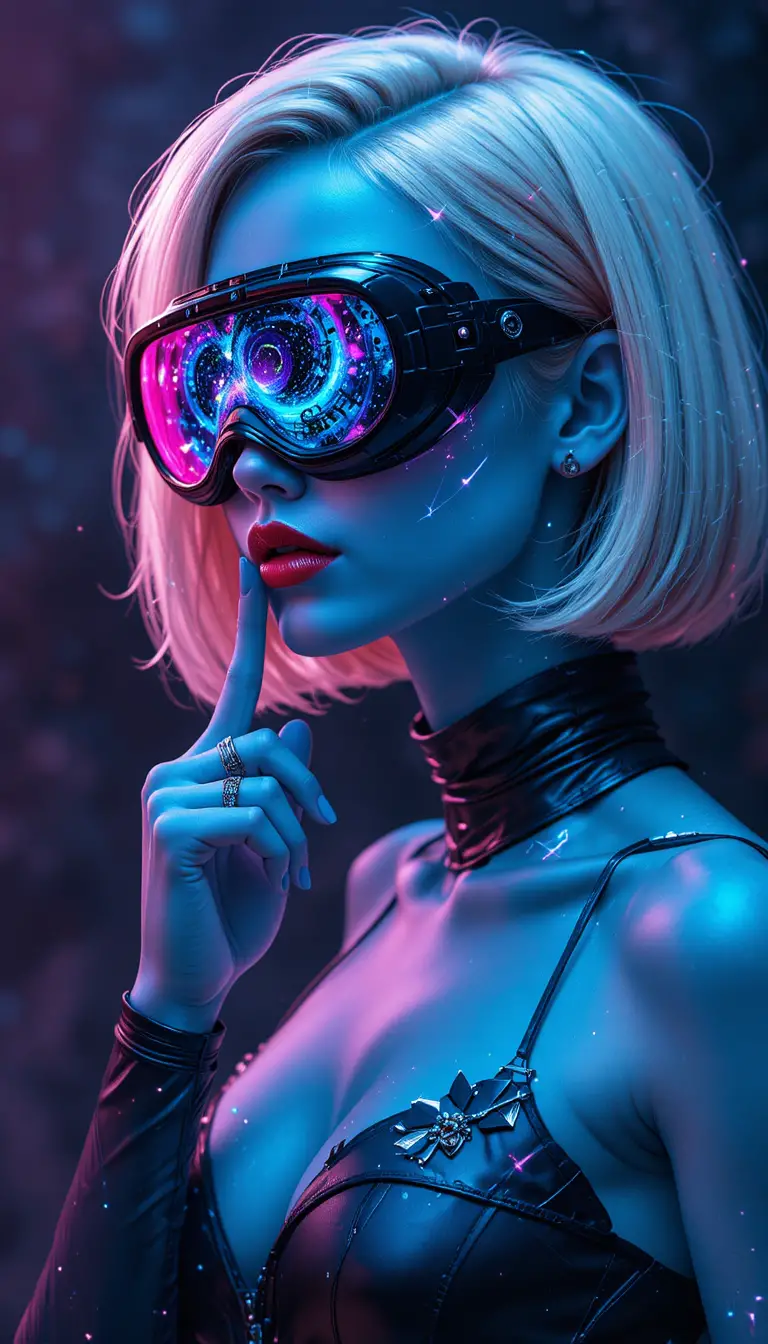 藍色皮膚的科幻女子與星系護目鏡