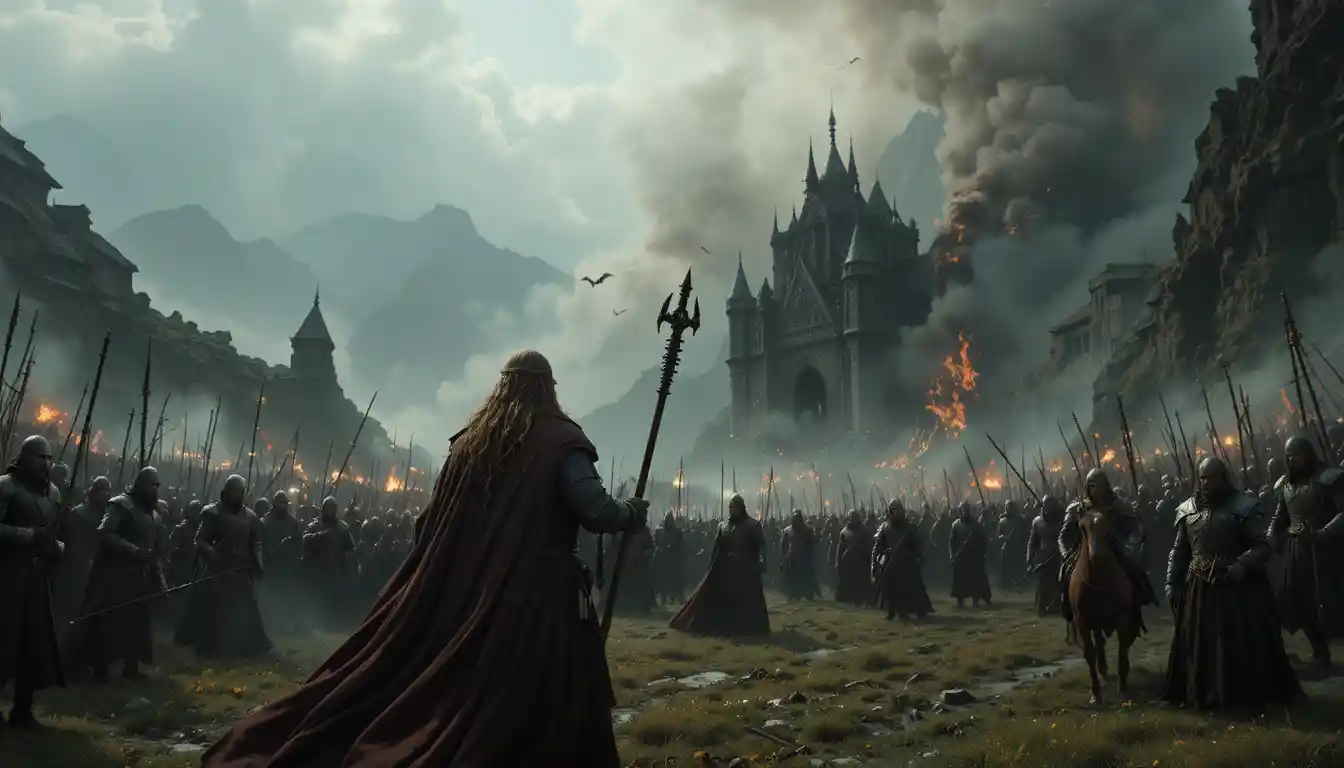 Dark fortress city under siege in a fantasy world