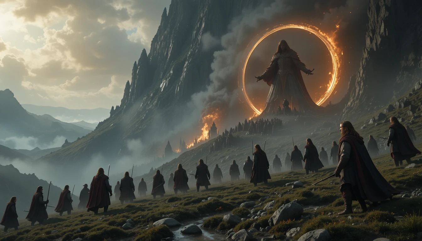 Fantasy-Krieger prallen auf einem düsteren, von Mordor inspirierten Schlachtfeld aufeinander
