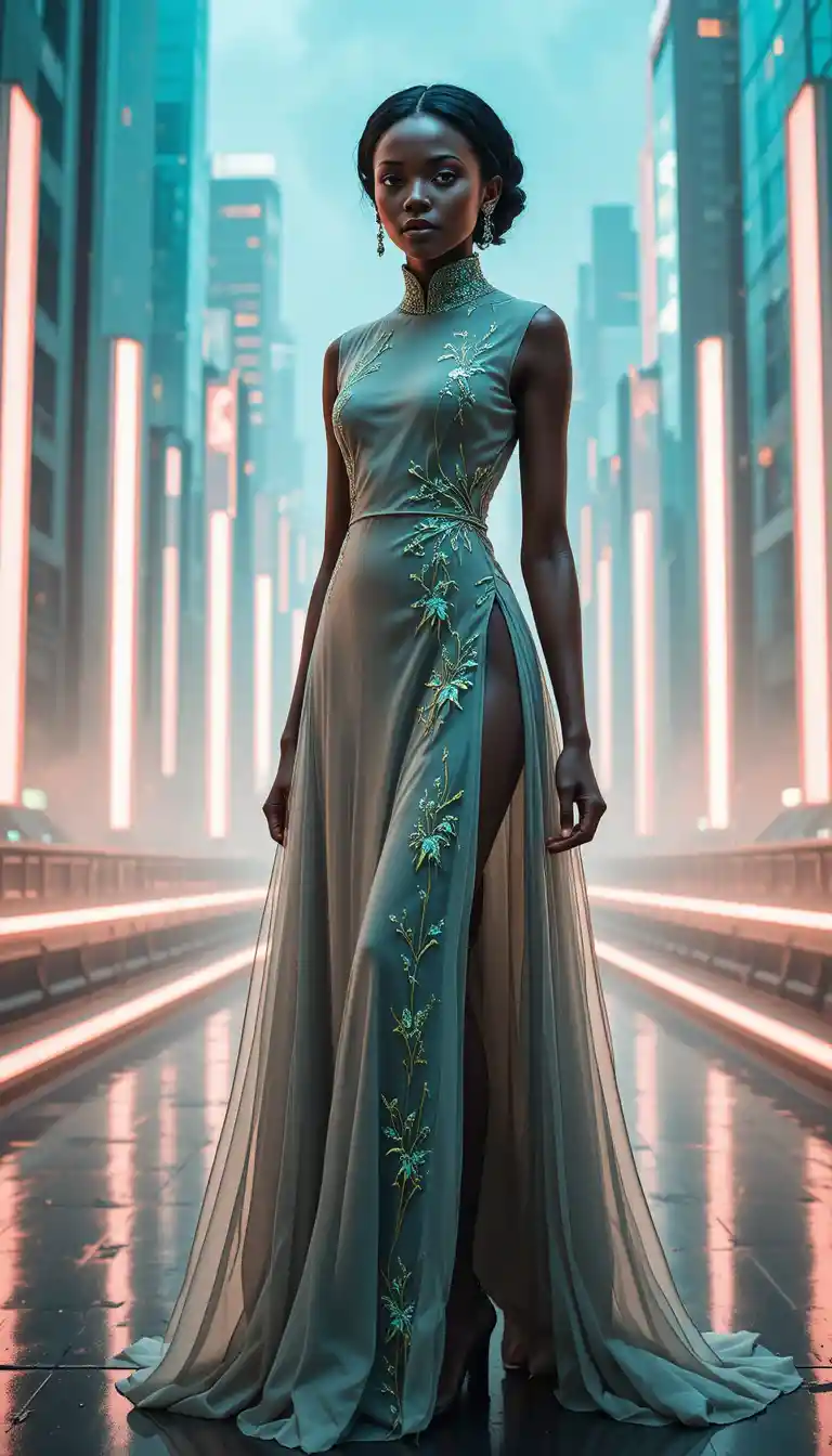 Afrofuturistic woman in sleek qipao on neon city runway