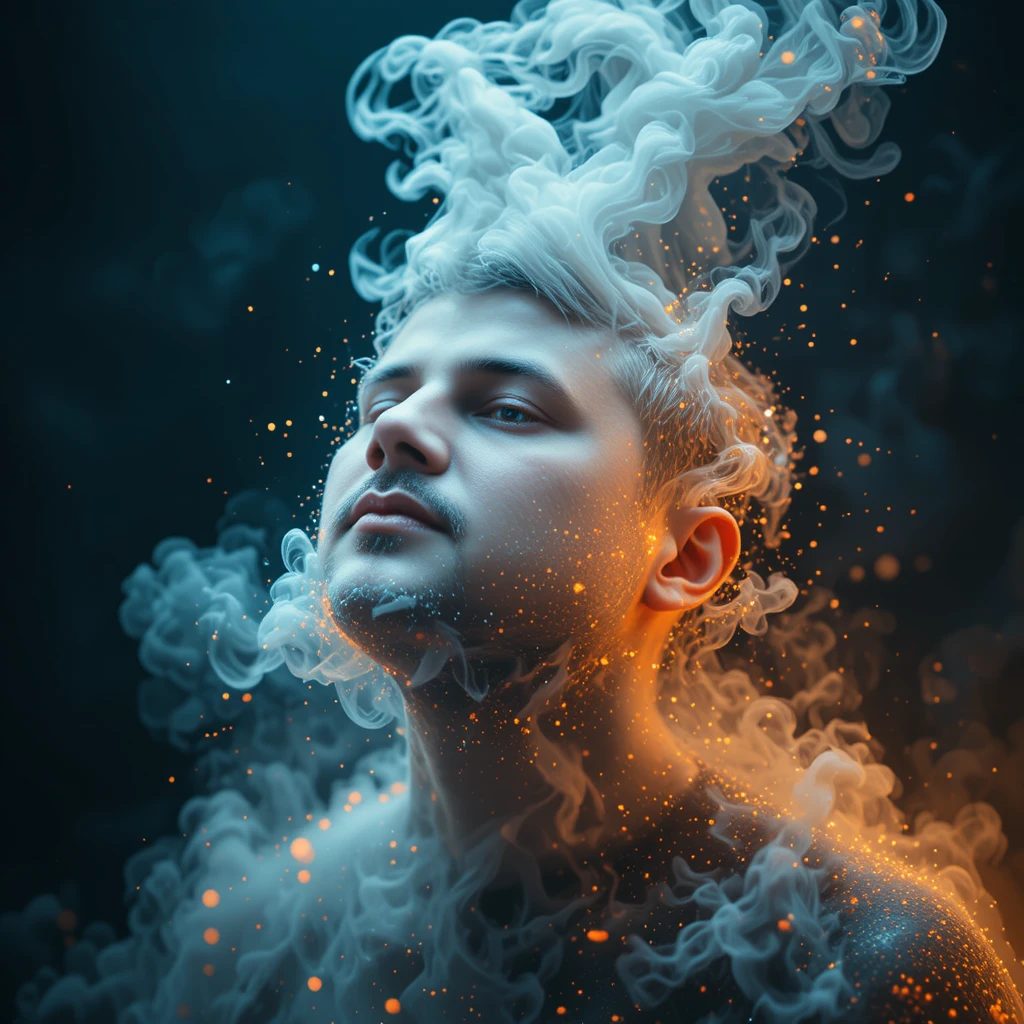 Man dissolving into rising smoke and ash in darkness